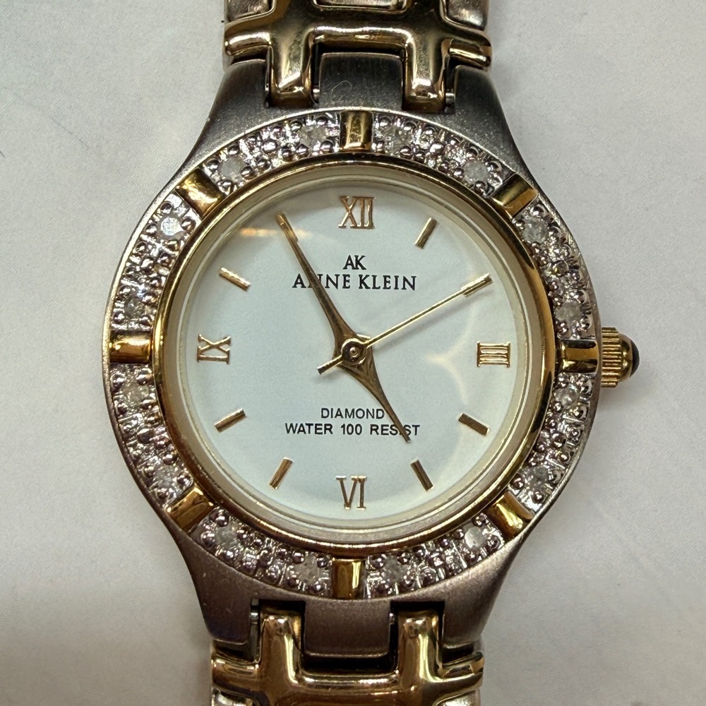 Anne Klein Two Tone Diamond Dial Watch 780730 Silver Gold Crystal Bezel